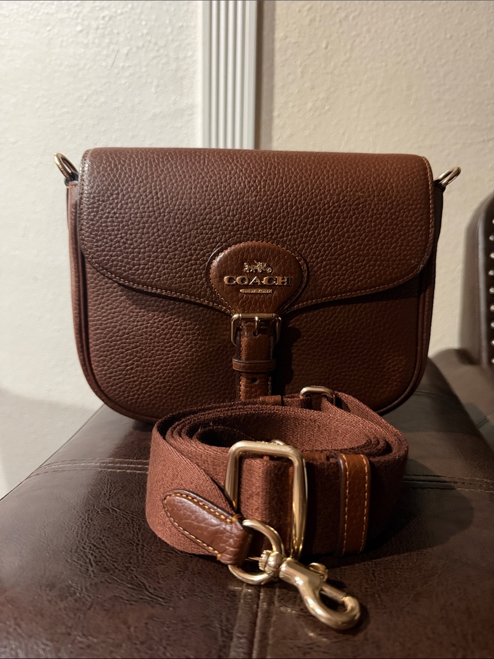 Coach Pebble Leather Crossbody Saddle Bag in Dark Brown with Gold Hardware